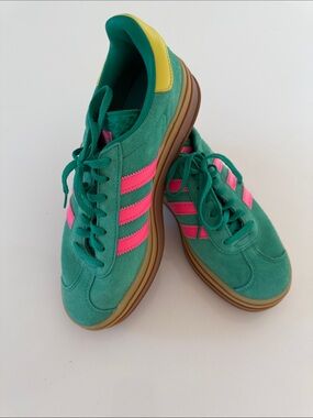 adidas Green Suede Sneakers with Pink Stripes and Yellow Heel Accent